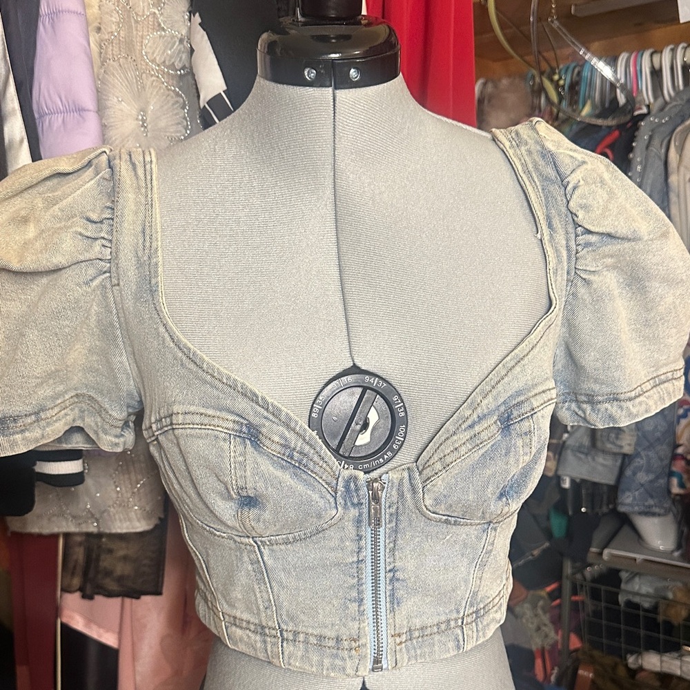 Signature8 Light Blue Denim Puff Sleeve Crop Top